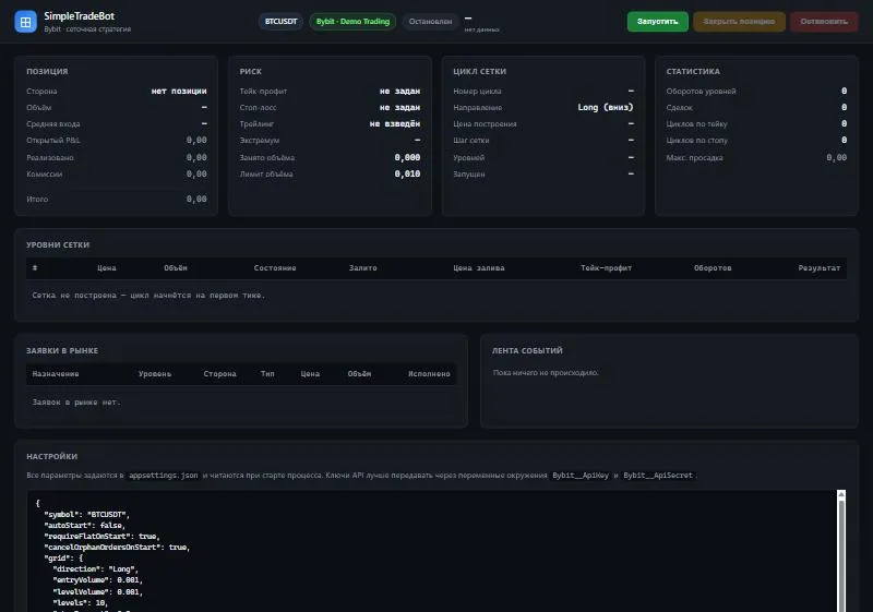 Интерфейс: SimpleTradeBot — сеточный бот с открытым кодом